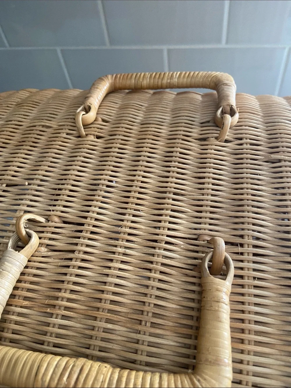 Vintage Wicker Storage Basket w Handle Boho Rattan Sewing Craft Chest